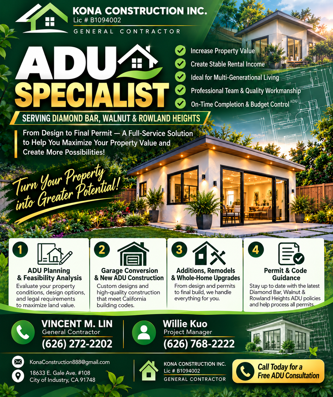 Kona Construction ADU specialist flyer for Diamond Bar, Walnut, and Rowland Heights
